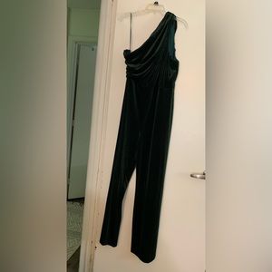 Express One-Shoulder Green Velvet Jumpsuit, Size L